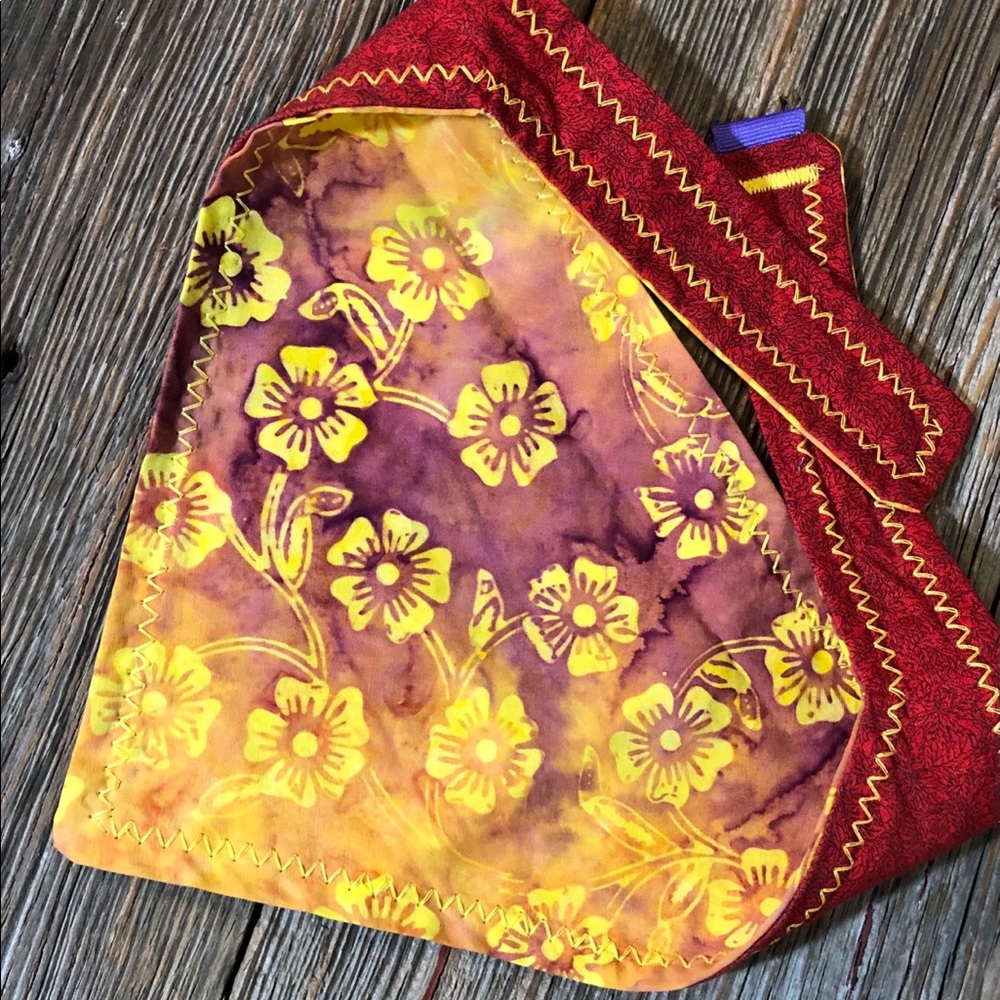 Orange floral and red big yellow stitch